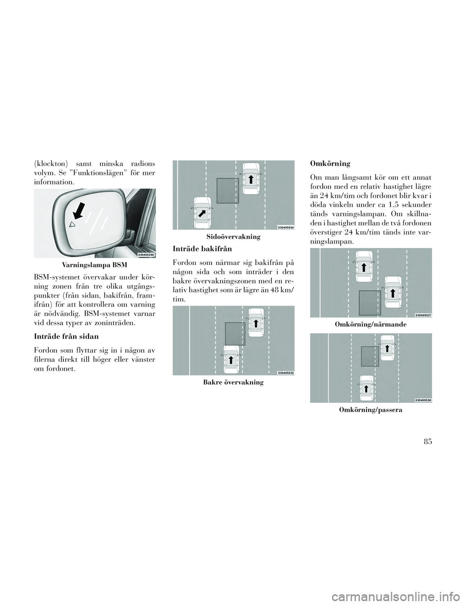 Lancia Voyager 2014  Drift- och underhållshandbok (in Swedish) (klockton) samt minska radions
volym. Se ”Funktionslägen” för mer
information.
BSM-systemet övervakar under kör-
ning zonen från tre olika utgångs-
punkter (från sidan, bakifrån, fram-
ifr