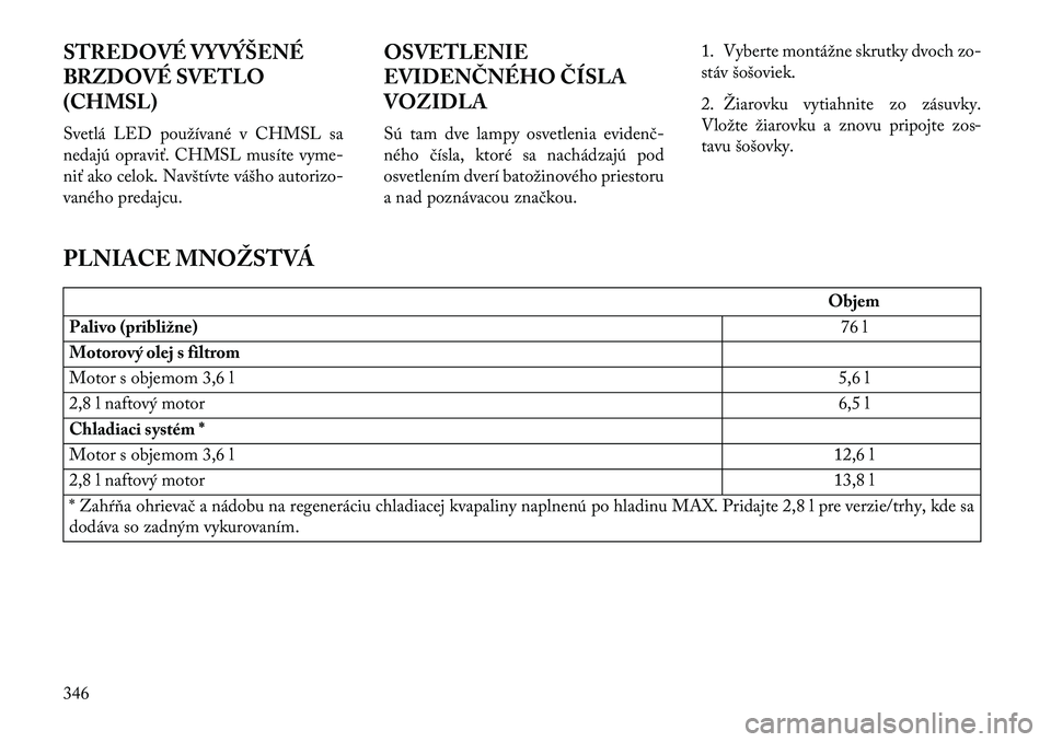Lancia Voyager 2013  Návod na použitie a údržbu (in Slovak) STREDOVÉ VYVÝŠENÉ
BRZDOVÉ SVETLO
(CHMSL)
Svetlá LED používané v CHMSL sa
nedajú opraviť. CHMSL musíte vyme-
niť ako celok. Navštívte vášho autorizo-
vaného predajcu.OSVETLENIE
EVIDEN