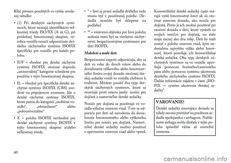 Lancia Voyager 2013  Návod na použitie a údržbu (in Slovak) Kľúč písmen použitých vo vyššie uvede-
nej tabuľke:
• (1) Pri detských záchytných systé-moch, ktoré nemajú identifikáciu veľ-
kostnej triedy ISO/XX (A až G), pri
príslušnej hmotn