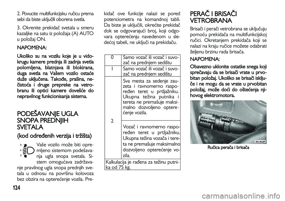 Lancia Voyager 2013 Knjižica za upotrebu i održavanje (in Serbian) 124
2. Povucite multifunkcijsku ručicu prema
sebi da biste uključili oborena svetla.
3. Okrenite prekidač svetala u smeru
kazaljke na satu iz položaja (A) AUTO
u položaj ON.
NAPOMENA:
Ukoliko Lancia Voyager 2013 Knjižica za upotrebu i održavanje (in Serbian) 124
2. Povucite multifunkcijsku ručicu prema
sebi da biste uključili oborena svetla.
3. Okrenite prekidač svetala u smeru
kazaljke na satu iz položaja (A) AUTO
u položaj ON.
NAPOMENA:
Ukoliko