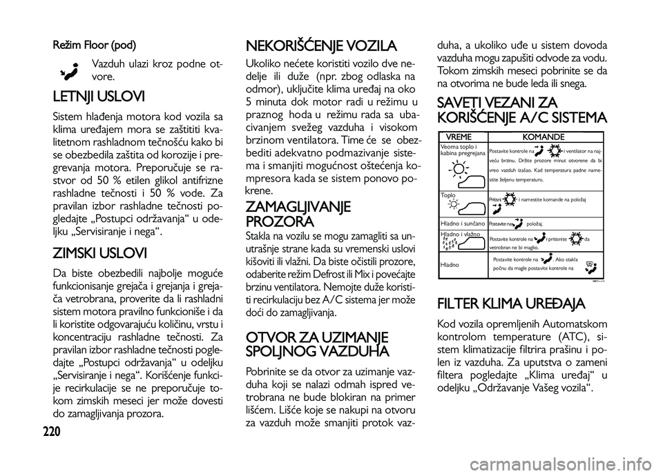Lancia Voyager 2013  Knjižica za upotrebu i održavanje (in Serbian) 220
Režim �loor (pod)
Vazduh ulazi kroz podne ot-
vore. 
LETNJI USLOVI
Sistem hlađenja motora kod vozila sa
klima uređajem mora se zaštititi kva-
litetnom rashladnom tečnošću kako bi
se obezbe