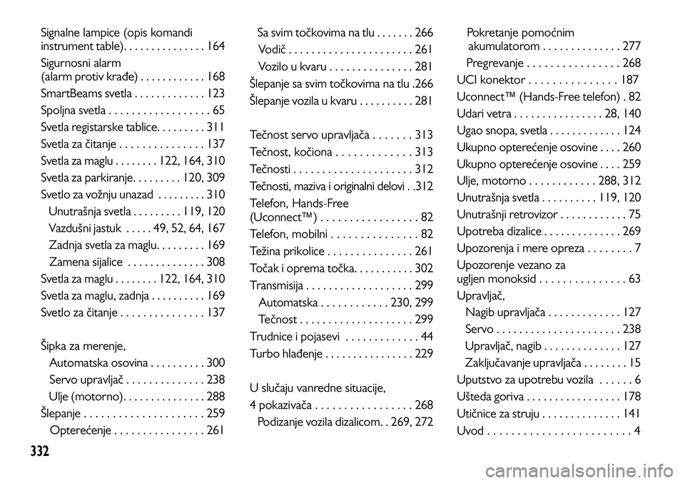 Lancia Voyager 2013 Knjižica za upotrebu i održavanje (in Serbian) 332
Signalne lampice (opis komandi
instrument table). . . . . . . . . . . . . . . 164
Sigurnosni alarm
(alarm protiv krađe) . . . . . . . . . . . . 168
SmartBeams svetla . . . . . . . . . . . . . 1 Lancia Voyager 2013 Knjižica za upotrebu i održavanje (in Serbian) 332
Signalne lampice (opis komandi
instrument table). . . . . . . . . . . . . . . 164
Sigurnosni alarm
(alarm protiv krađe) . . . . . . . . . . . . 168
SmartBeams svetla . . . . . . . . . . . . . 1