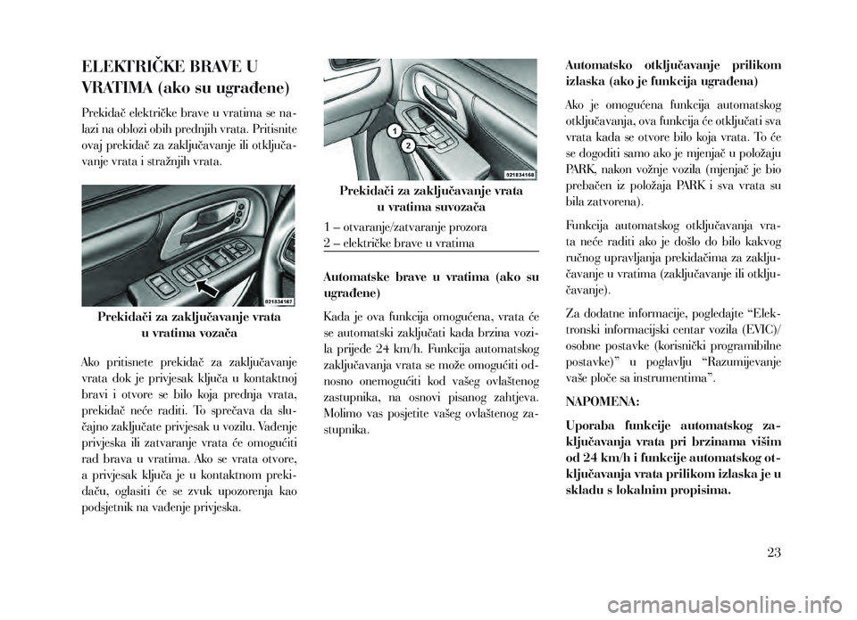 Lancia Voyager 2014 Knjižica za upotrebu i održavanje (in Croatian) ELEKTRIČKE BRAVE U
VRATIMA (ako su ugrađene)
Prekidač električke brave u vratima se na-
lazi na oblozi obih prednjih vrata. Pritisnite
ovaj prekidač za zaključavanje ili otključa-
vanje vrata Lancia Voyager 2014 Knjižica za upotrebu i održavanje (in Croatian) ELEKTRIČKE BRAVE U
VRATIMA (ako su ugrađene)
Prekidač električke brave u vratima se na-
lazi na oblozi obih prednjih vrata. Pritisnite
ovaj prekidač za zaključavanje ili otključa-
vanje vrata