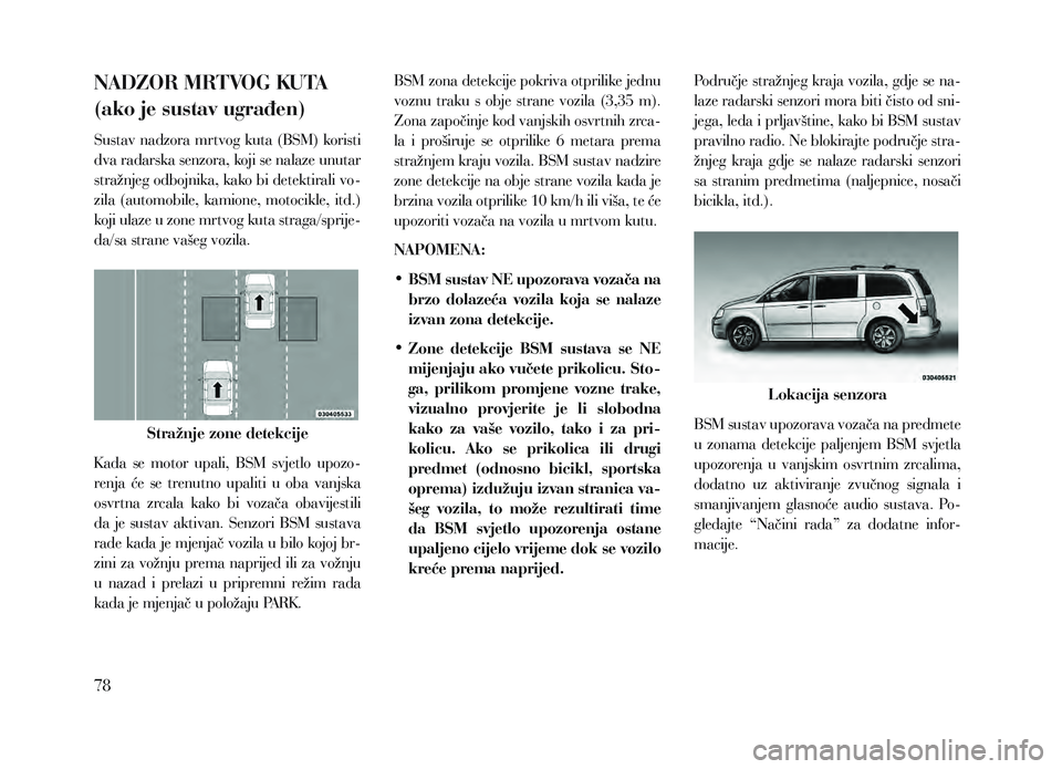 Lancia Voyager 2013  Knjižica za upotrebu i održavanje (in Croatian) NADZOR MRTVOG KUTA 
(ako je sustav ugrađen)
Sustav nadzora mrtvog kuta (BSM) koristi 
dva radarska senzora, koji se nalaze unutar 
stražnjeg odbojnika, kako bi detektirali vo-
zila  (automobile,  ka