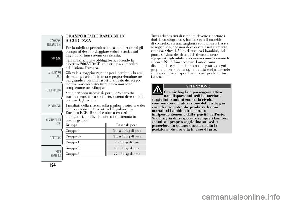 Lancia Ypsilon 2011 Libretto Uso Manutenzione (in Italian) TRASPORTARE BAMBINI IN
SICUREZZAPer la migliore protezione in caso di urto tutti gli
occupanti devono viaggiare seduti e assicurati
dagli opportuni sistemi di ritenuta.
Tale prescrizione è obbligator Lancia Ypsilon 2011 Libretto Uso Manutenzione (in Italian) TRASPORTARE BAMBINI IN
SICUREZZAPer la migliore protezione in caso di urto tutti gli
occupanti devono viaggiare seduti e assicurati
dagli opportuni sistemi di ritenuta.
Tale prescrizione è obbligator