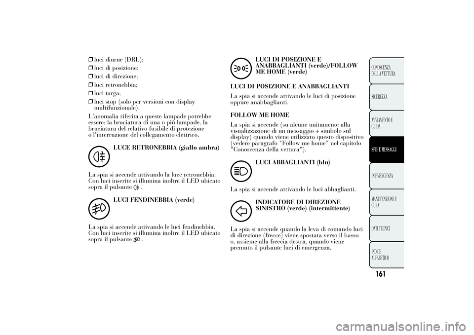 Lancia Ypsilon 2011 Libretto Uso Manutenzione (in Italian) ❒luci diurne (DRL);
❒luci di posizione;
❒luci di direzione;
❒luci retronebbia;
❒luci targa;
❒luci stop (solo per versioni con display
multifunzionale).
L'anomalia riferita a queste lam Lancia Ypsilon 2011 Libretto Uso Manutenzione (in Italian) ❒luci diurne (DRL);
❒luci di posizione;
❒luci di direzione;
❒luci retronebbia;
❒luci targa;
❒luci stop (solo per versioni con display
multifunzionale).
L'anomalia riferita a queste lam