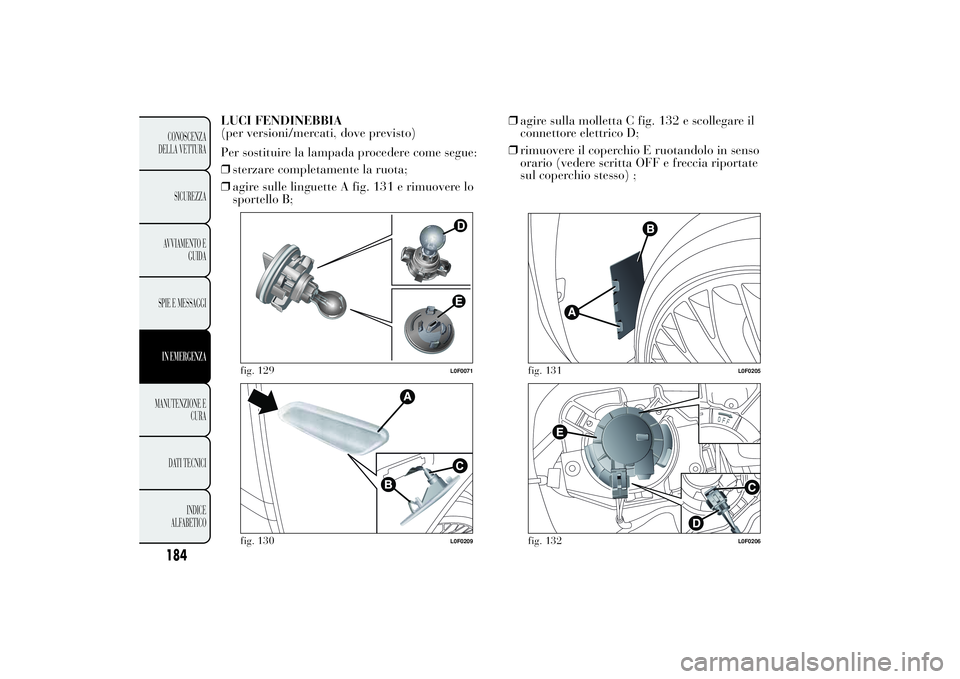 Lancia Ypsilon 2011 Libretto Uso Manutenzione (in Italian) LUCI FENDINEBBIA
(per versioni/mercati, dove previsto)
Per sostituire la lampada procedere come segue:
❒sterzare completamente la ruota;
❒agire sulle linguette A fig. 131 e rimuovere lo
sportello Lancia Ypsilon 2011 Libretto Uso Manutenzione (in Italian) LUCI FENDINEBBIA
(per versioni/mercati, dove previsto)
Per sostituire la lampada procedere come segue:
❒sterzare completamente la ruota;
❒agire sulle linguette A fig. 131 e rimuovere lo
sportello
