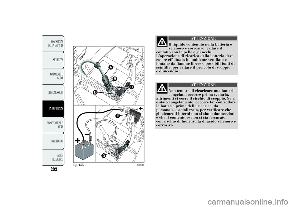 Lancia Ypsilon 2011 Libretto Uso Manutenzione (in Italian) ATTENZIONE
Il liquido contenuto nella batteria è
velenoso e corrosivo,
evitare il
contatto con la pelle e gli occhi.
L'operazione di ricarica della batteria deve
essere effettuata in ambiente ven Lancia Ypsilon 2011 Libretto Uso Manutenzione (in Italian) ATTENZIONE
Il liquido contenuto nella batteria è
velenoso e corrosivo,
evitare il
contatto con la pelle e gli occhi.
L'operazione di ricarica della batteria deve
essere effettuata in ambiente ven