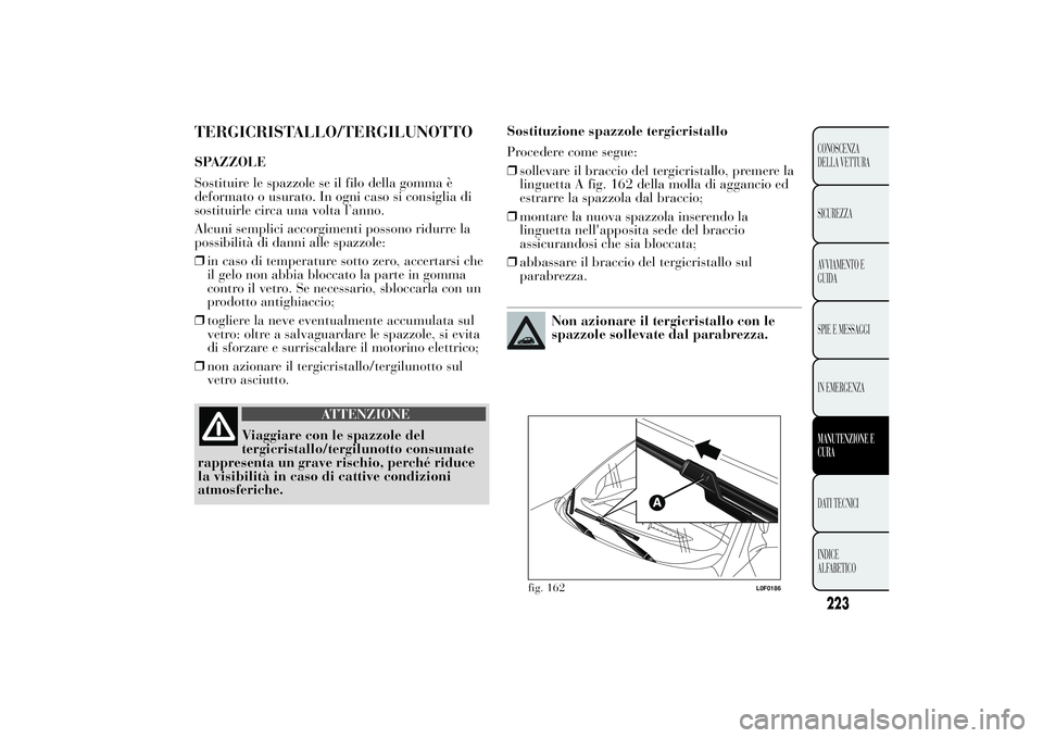 Lancia Ypsilon 2011 Libretto Uso Manutenzione (in Italian) TERGICRISTALLO/TERGILUNOTTOSPAZZOLE
Sostituire le spazzole se il filo della gomma è
deformato o usurato. In ogni caso si consiglia di
sostituirle circa una volta l’anno.
Alcuni semplici accorgiment Lancia Ypsilon 2011 Libretto Uso Manutenzione (in Italian) TERGICRISTALLO/TERGILUNOTTOSPAZZOLE
Sostituire le spazzole se il filo della gomma è
deformato o usurato. In ogni caso si consiglia di
sostituirle circa una volta l’anno.
Alcuni semplici accorgiment