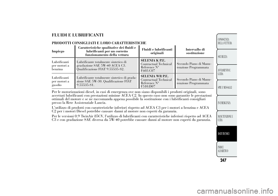 Lancia Ypsilon 2011 Libretto Uso Manutenzione (in Italian) FLUIDI E LUBRIFICANTIPRODOTTI CONSIGLIATI E LORO CARATTERISTICHEImpiegoCaratteristiche qualitative dei fluidi e
lubrificanti per un corretto
funzionamento della vetturaFluidi e lubrificanti
originaliI Lancia Ypsilon 2011 Libretto Uso Manutenzione (in Italian) FLUIDI E LUBRIFICANTIPRODOTTI CONSIGLIATI E LORO CARATTERISTICHEImpiegoCaratteristiche qualitative dei fluidi e
lubrificanti per un corretto
funzionamento della vetturaFluidi e lubrificanti
originaliI