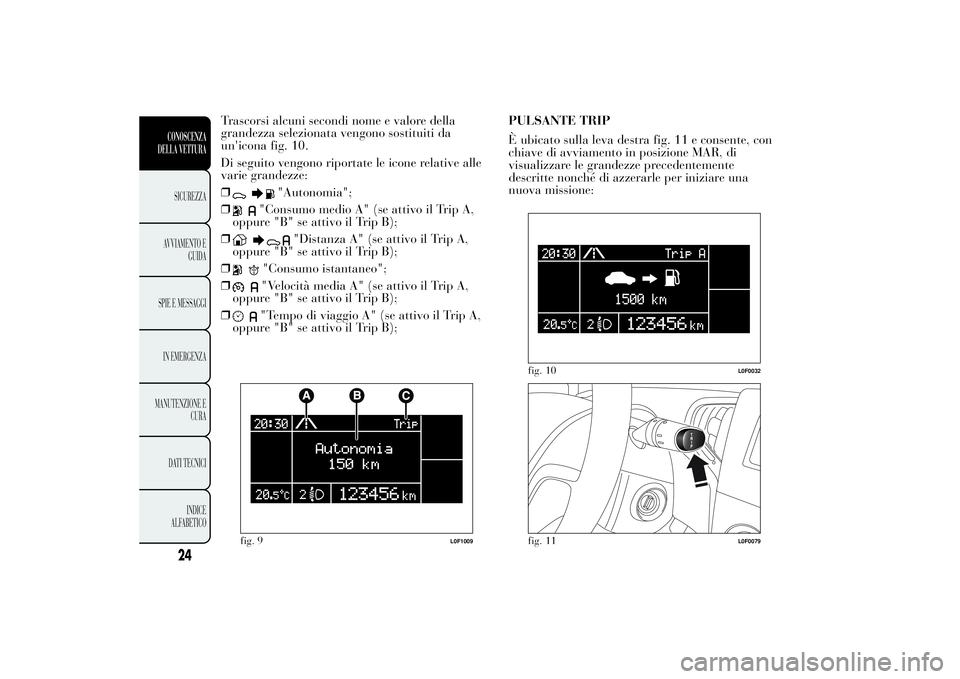 Lancia Ypsilon 2011 Libretto Uso Manutenzione (in Italian) Trascorsi alcuni secondi nome e valore della
grandezza selezionata vengono sostituiti da
un'icona fig. 10.
Di seguito vengono riportate le icone relative alle
varie grandezze:
❒
"Autonomia Lancia Ypsilon 2011 Libretto Uso Manutenzione (in Italian) Trascorsi alcuni secondi nome e valore della
grandezza selezionata vengono sostituiti da
un'icona fig. 10.
Di seguito vengono riportate le icone relative alle
varie grandezze:
❒
"Autonomia