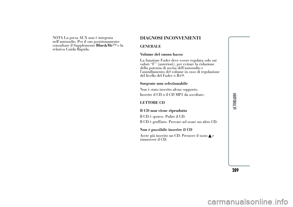Lancia Ypsilon 2011 Libretto Uso Manutenzione (in Italian) NOTA La presa AUX non è integrata
nell’autoradio. Per il suo posizionamento
consultare il SupplementoBlue&Me™ela
relativa Guida Rapida.
DIAGNOSI INCONVENIENTIGENERALE
Volume del suono basso
La fu Lancia Ypsilon 2011 Libretto Uso Manutenzione (in Italian) NOTA La presa AUX non è integrata
nell’autoradio. Per il suo posizionamento
consultare il SupplementoBlue&Me™ela
relativa Guida Rapida.
DIAGNOSI INCONVENIENTIGENERALE
Volume del suono basso
La fu