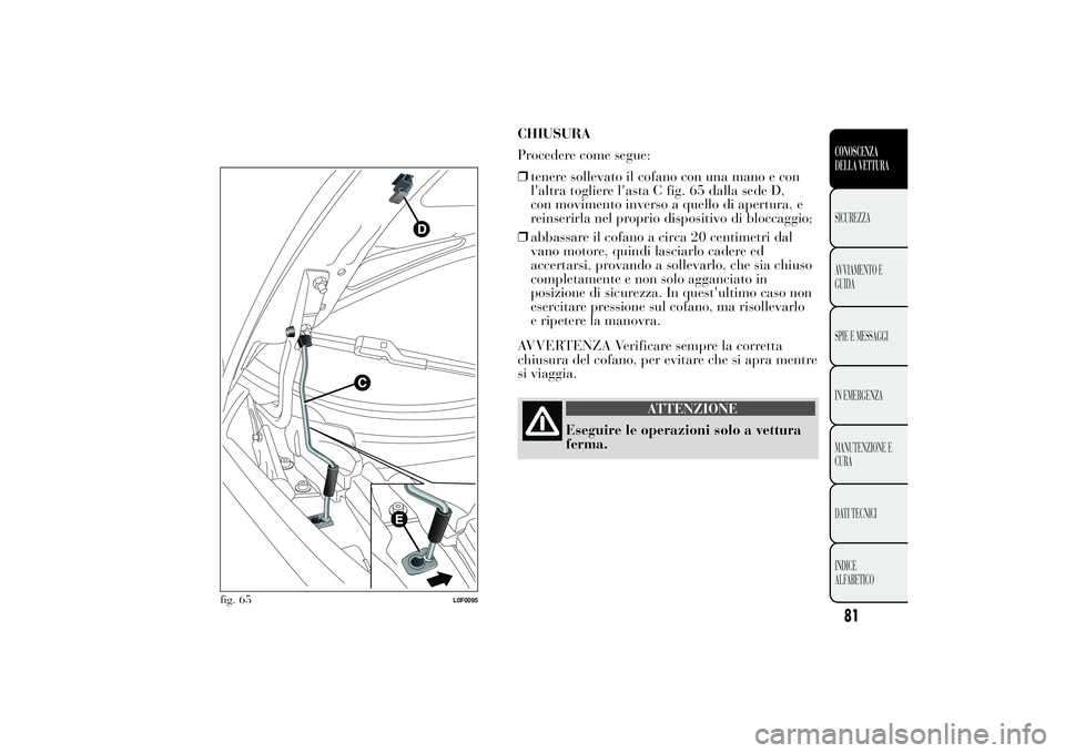 Lancia Ypsilon 2011 Libretto Uso Manutenzione (in Italian) CHIUSURA
Procedere come segue:
❒tenere sollevato il cofano con una mano e con
l'altra togliere l'asta C fig. 65 dalla sede D,
con movimento inverso a quello di apertura, e
reinserirla nel pr Lancia Ypsilon 2011 Libretto Uso Manutenzione (in Italian) CHIUSURA
Procedere come segue:
❒tenere sollevato il cofano con una mano e con
l'altra togliere l'asta C fig. 65 dalla sede D,
con movimento inverso a quello di apertura, e
reinserirla nel pr