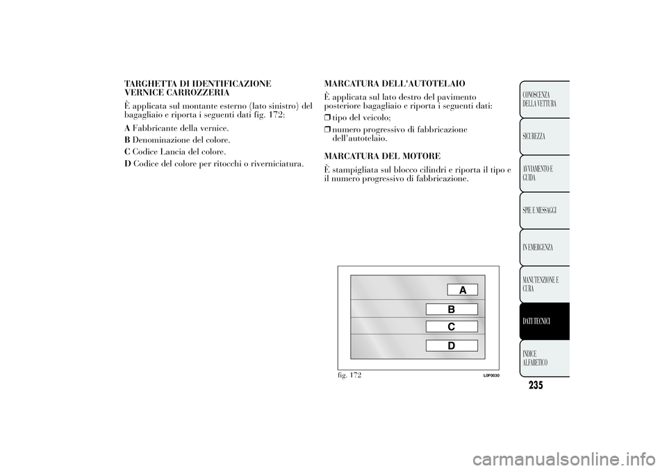 Lancia Ypsilon 2012 Libretto Uso Manutenzione (in Italian) TARGHETTA DI IDENTIFICAZIONE
VERNICE CARROZZERIA
È applicata sul montante esterno (lato sinistro) del
bagagliaio e riporta i seguenti dati fig. 172:
AFabbricante della vernice.
BDenominazione del col Lancia Ypsilon 2012 Libretto Uso Manutenzione (in Italian) TARGHETTA DI IDENTIFICAZIONE
VERNICE CARROZZERIA
È applicata sul montante esterno (lato sinistro) del
bagagliaio e riporta i seguenti dati fig. 172:
AFabbricante della vernice.
BDenominazione del col