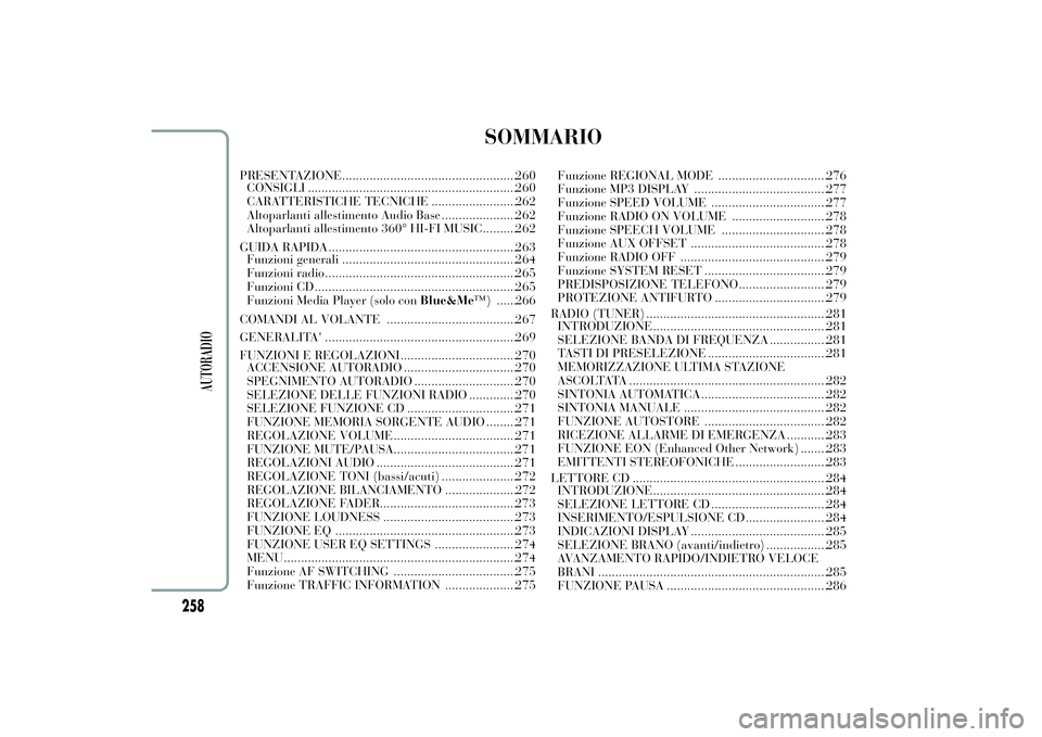 Lancia Ypsilon 2012 Libretto Uso Manutenzione (in Italian) SOMMARIO
PRESENTAZIONE...................................................260
CONSIGLI .............................................................260
CARATTERISTICHE TECNICHE ........................ Lancia Ypsilon 2012 Libretto Uso Manutenzione (in Italian) SOMMARIO
PRESENTAZIONE...................................................260
CONSIGLI .............................................................260
CARATTERISTICHE TECNICHE ........................