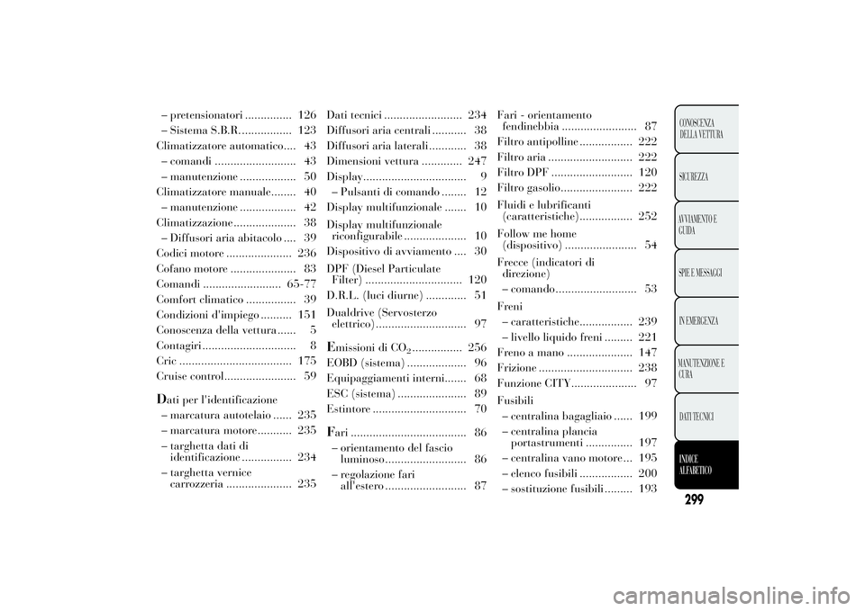 Lancia Ypsilon 2012  Libretto Uso Manutenzione (in Italian) 299CONOSCENZA
DELLA VETTURA
SICUREZZA
AVVIAMENTO E
GUIDA
SPIE E MESSAGGI
IN EMERGENZA
MANUTENZIONE E
CURA
DATI TECNICIINDICE
ALF
ABETICO
– pretensionatori ............... 126
– Sistema S.B.R. ....