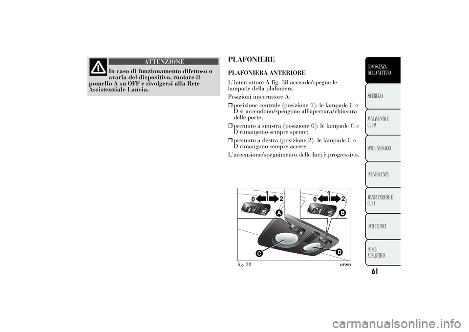 Lancia Ypsilon 2012 Libretto Uso Manutenzione (in Italian) ATTENZIONE
In caso di funzionamento difettoso o
avaria del dispositivo, ruotare il
pomello A su OFF e rivolgersi alla Rete
Assistenziale Lancia.
PLAFONIEREPLAFONIERA ANTERIORE
L'interruttore A fig Lancia Ypsilon 2012 Libretto Uso Manutenzione (in Italian) ATTENZIONE
In caso di funzionamento difettoso o
avaria del dispositivo, ruotare il
pomello A su OFF e rivolgersi alla Rete
Assistenziale Lancia.
PLAFONIEREPLAFONIERA ANTERIORE
L'interruttore A fig