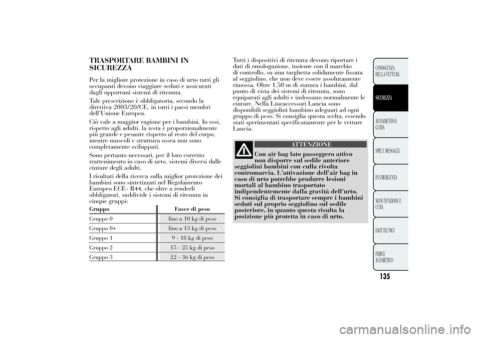 Lancia Ypsilon 2013 Libretto Uso Manutenzione (in Italian) TRASPORTARE BAMBINI IN
SICUREZZAPer la migliore protezione in caso di urto tutti gli
occupanti devono viaggiare seduti e assicurati
dagli opportuni sistemi di ritenuta.
Tale prescrizione è obbligator Lancia Ypsilon 2013 Libretto Uso Manutenzione (in Italian) TRASPORTARE BAMBINI IN
SICUREZZAPer la migliore protezione in caso di urto tutti gli
occupanti devono viaggiare seduti e assicurati
dagli opportuni sistemi di ritenuta.
Tale prescrizione è obbligator