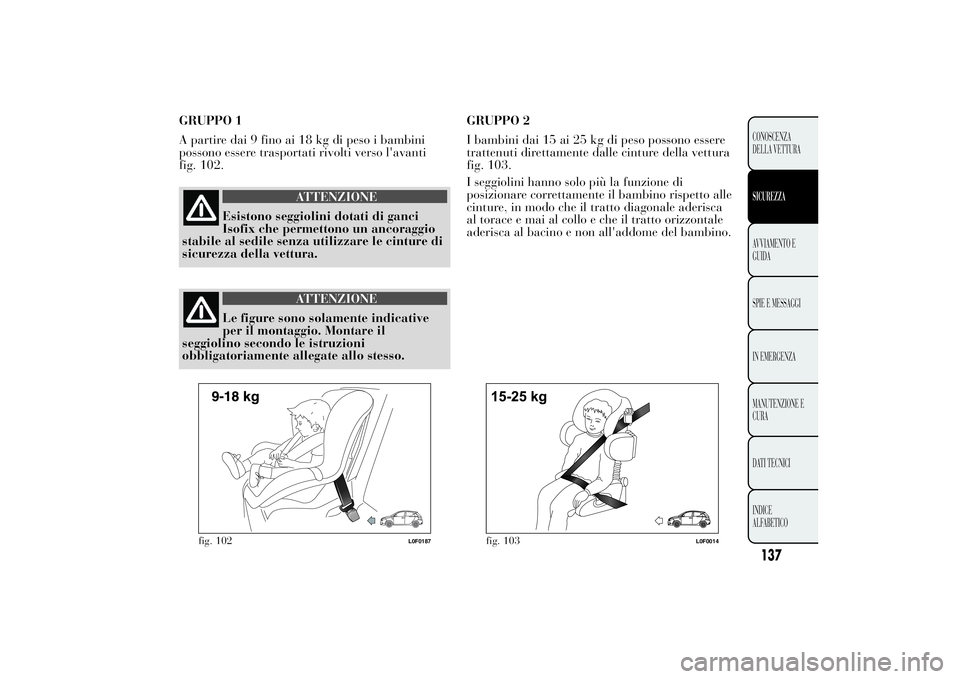 Lancia Ypsilon 2013 Libretto Uso Manutenzione (in Italian) GRUPPO 1
A partire dai 9 fino ai 18 kg di peso i bambini
possono essere trasportati rivolti verso l'avanti
fig. 102.
ATTENZIONE
Esistono seggiolini dotati di ganci
Isofix che permettono un ancorag Lancia Ypsilon 2013 Libretto Uso Manutenzione (in Italian) GRUPPO 1
A partire dai 9 fino ai 18 kg di peso i bambini
possono essere trasportati rivolti verso l'avanti
fig. 102.
ATTENZIONE
Esistono seggiolini dotati di ganci
Isofix che permettono un ancorag