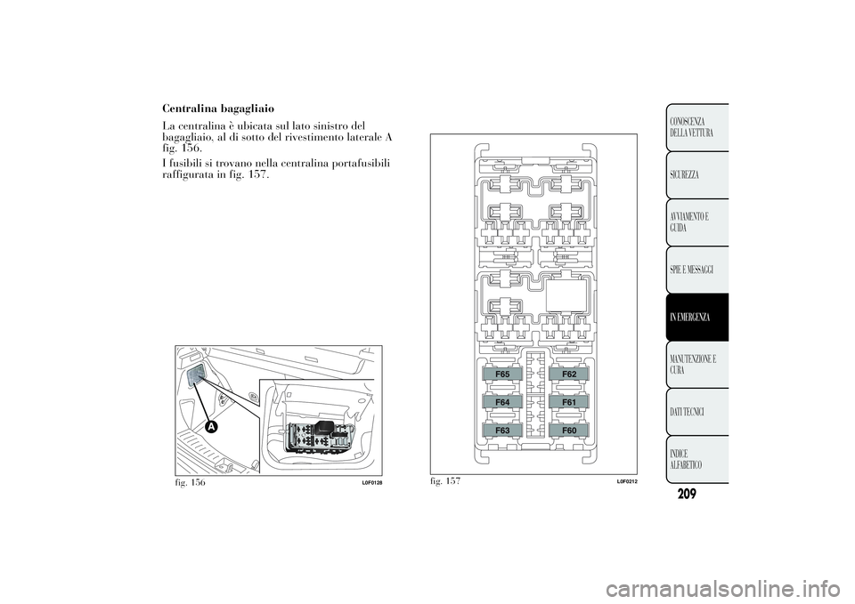 Lancia Ypsilon 2013  Libretto Uso Manutenzione (in Italian) fig. 157
L0F0212
209CONOSCENZA
DELLA VETTURA
SICUREZZA
AVVIAMENTO E
GUIDA
SPIE E MESSAGGIIN EMERGENZAMANUTENZIONE E
CURA
DATI TECNICI
INDICE
ALFABETICO
Centralina bagagliaio
La centralina è ubicata s