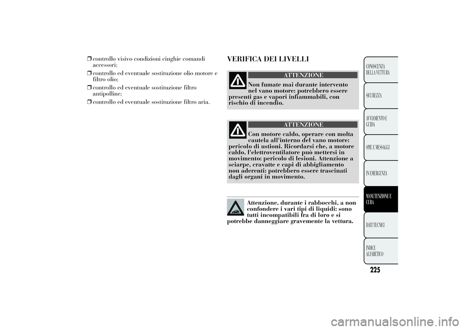 Lancia Ypsilon 2013  Libretto Uso Manutenzione (in Italian) ❒controllo ed eventuale sostituzione filtro
antipolline;
❒controllo ed eventuale sostituzione filtro aria.
VERIFICA DEI LIVELLI
ATTENZIONE
Non fumate mai durante intervento
nel vano motore: potreb