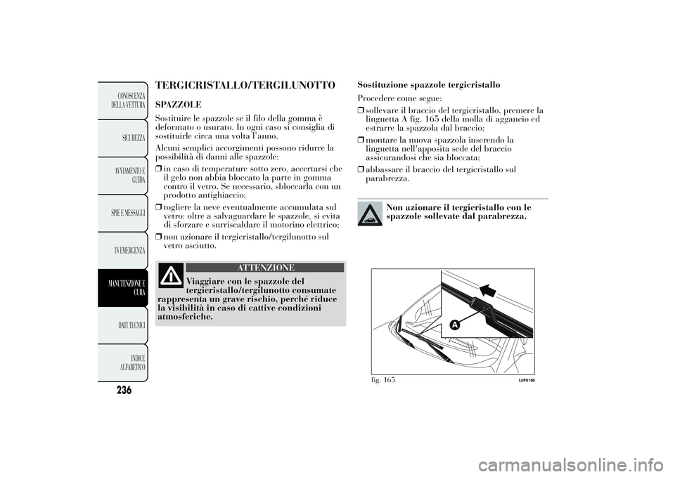 Lancia Ypsilon 2014 Libretto Uso Manutenzione (in Italian) TERGICRISTALLO/TERGILUNOTTOSPAZZOLE
Sostituire le spazzole se il filo della gomma è
deformato o usurato. In ogni caso si consiglia di
sostituirle circa una volta l’anno.
Alcuni semplici accorgiment Lancia Ypsilon 2014 Libretto Uso Manutenzione (in Italian) TERGICRISTALLO/TERGILUNOTTOSPAZZOLE
Sostituire le spazzole se il filo della gomma è
deformato o usurato. In ogni caso si consiglia di
sostituirle circa una volta l’anno.
Alcuni semplici accorgiment