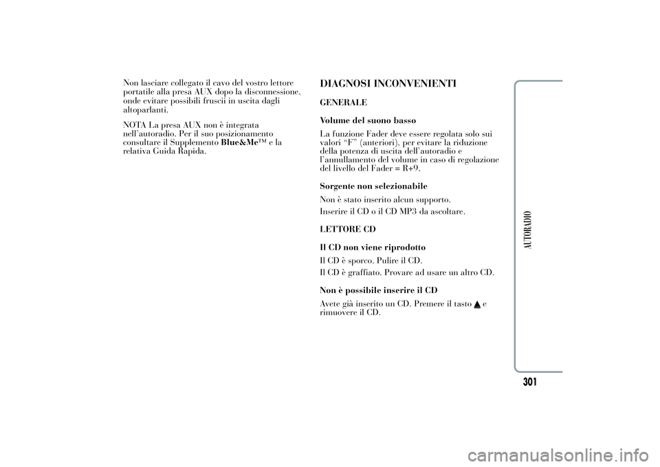 Lancia Ypsilon 2014 Libretto Uso Manutenzione (in Italian) NOTA La presa AUX non è integrata
nell’autoradio. Per il suo posizionamento
consultare il SupplementoBlue&Me™ela
relativa Guida Rapida.
DIAGNOSI INCONVENIENTIGENERALE
Volume del suono basso
La fu Lancia Ypsilon 2014 Libretto Uso Manutenzione (in Italian) NOTA La presa AUX non è integrata
nell’autoradio. Per il suo posizionamento
consultare il SupplementoBlue&Me™ela
relativa Guida Rapida.
DIAGNOSI INCONVENIENTIGENERALE
Volume del suono basso
La fu