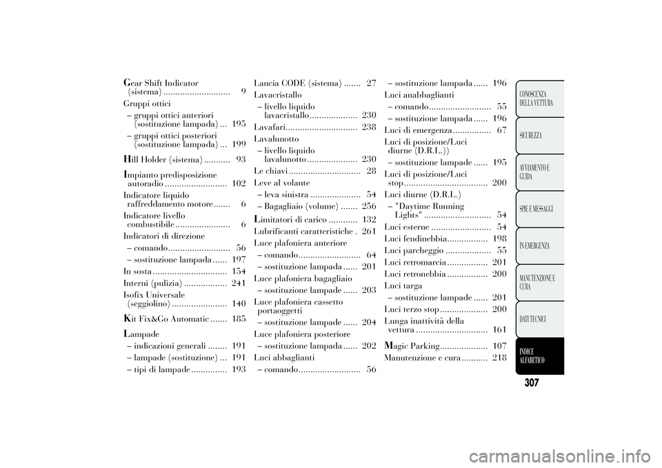Lancia Ypsilon 2014 Libretto Uso Manutenzione (in Italian) Gear Shift Indicator
(sistema) ............................ 9
Gruppi ottici
– gruppi ottici anteriori
(sostituzione lampada) ... 195
– gruppi ottici posteriori
(sostituzione lampada) ... 199H
ill Lancia Ypsilon 2014 Libretto Uso Manutenzione (in Italian) Gear Shift Indicator
(sistema) ............................ 9
Gruppi ottici
– gruppi ottici anteriori
(sostituzione lampada) ... 195
– gruppi ottici posteriori
(sostituzione lampada) ... 199H
ill
