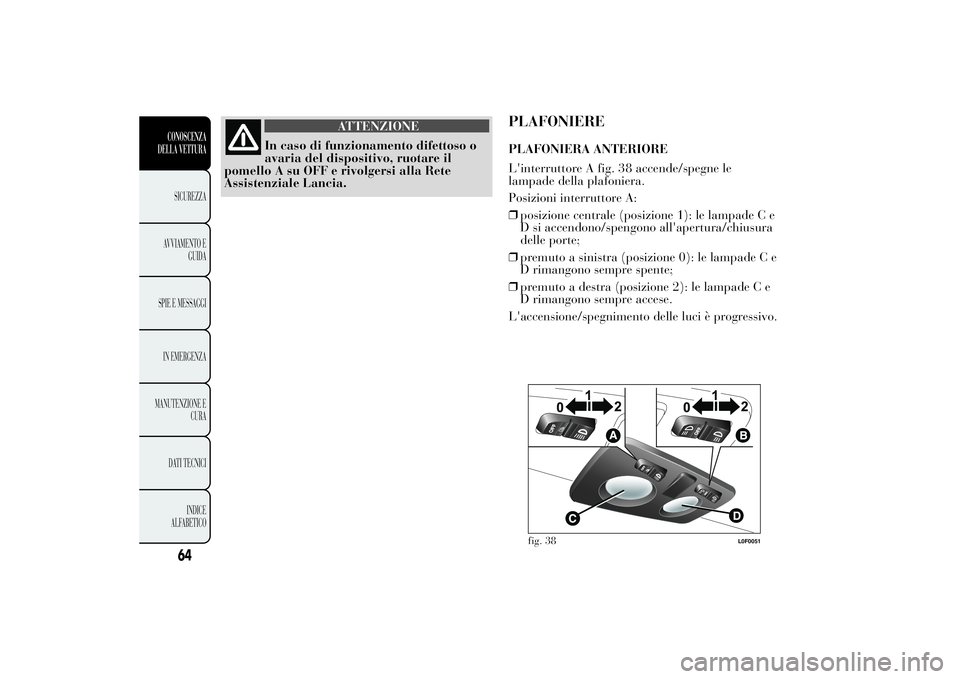 Lancia Ypsilon 2013 Libretto Uso Manutenzione (in Italian) ATTENZIONE
In caso di funzionamento difettoso o
avaria del dispositivo, ruotare il
pomello A su OFF e rivolgersi alla Rete
Assistenziale Lancia.
PLAFONIEREPLAFONIERA ANTERIORE
L'interruttore A fig Lancia Ypsilon 2013 Libretto Uso Manutenzione (in Italian) ATTENZIONE
In caso di funzionamento difettoso o
avaria del dispositivo, ruotare il
pomello A su OFF e rivolgersi alla Rete
Assistenziale Lancia.
PLAFONIEREPLAFONIERA ANTERIORE
L'interruttore A fig