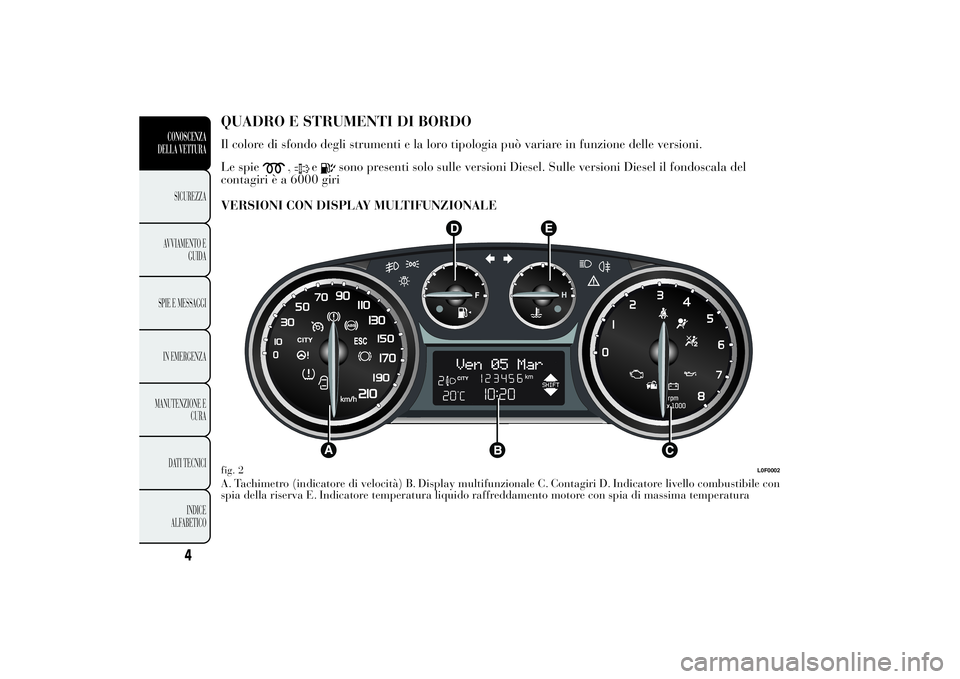 Lancia Ypsilon 2014  Libretto Uso Manutenzione (in Italian) QUADRO E STRUMENTI DI BORDOIl colore di sfondo degli strumenti e la loro tipologia può variare in funzione delle versioni.
Le spie
,
e
sono presenti solo sulle versioni Diesel. Sulle versioni Diesel 