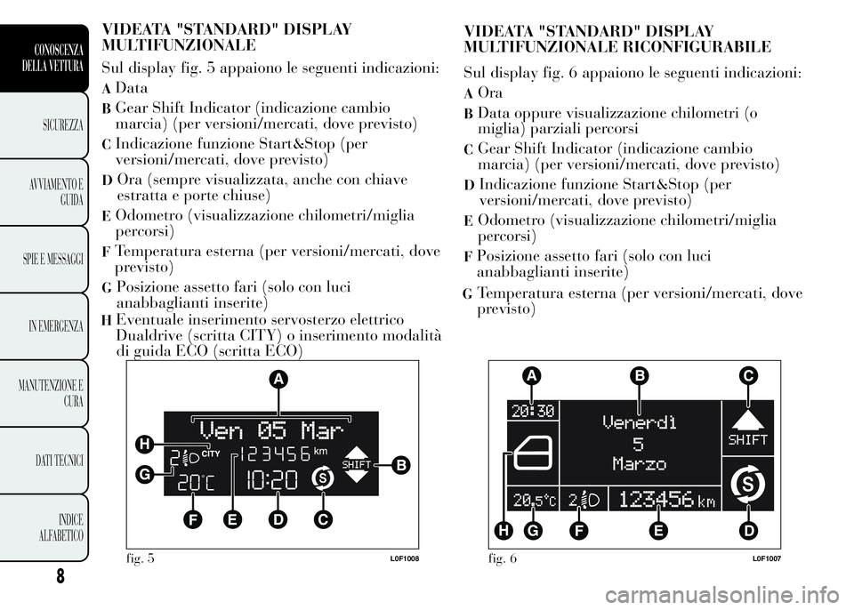 Lancia Ypsilon 2015  Libretto Uso Manutenzione (in Italian) VIDEATA "STANDARD" DISPLAY
MULTIFUNZIONALE
Sul display fig. 5 appaiono le seguenti indicazioni:
AData
BGear Shift Indicator (indicazione cambio
marcia) (per versioni/mercati, dove previsto)
CI