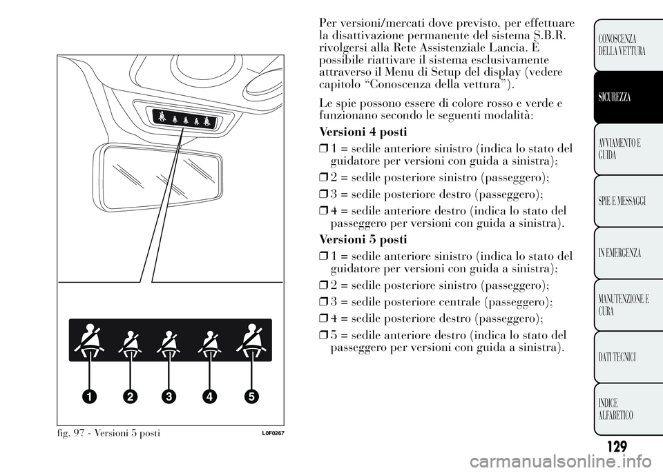 Lancia Ypsilon 2015 Libretto Uso Manutenzione (in Italian) Per versioni/mercati dove previsto, per effettuare
la disattivazione permanente del sistema S.B.R.
rivolgersi alla Rete Assistenziale Lancia. È
possibile riattivare il sistema esclusivamente
attraver Lancia Ypsilon 2015 Libretto Uso Manutenzione (in Italian) Per versioni/mercati dove previsto, per effettuare
la disattivazione permanente del sistema S.B.R.
rivolgersi alla Rete Assistenziale Lancia. È
possibile riattivare il sistema esclusivamente
attraver