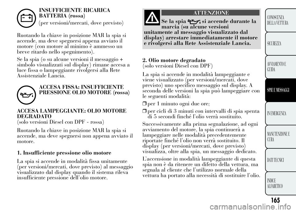 Lancia Ypsilon 2015  Libretto Uso Manutenzione (in Italian) INSUFFICIENTE RICARICA
BATTERIA (rossa)
(per versioni/mercati, dove previsto)
Ruotando la chiave in posizione MAR la spia si
accende, ma deve spegnersi appena avviato il
motore (con motore al minimo 