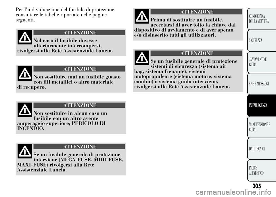 Lancia Ypsilon 2015 Libretto Uso Manutenzione (in Italian) Per l'individuazione del fusibile di protezione
consultare le tabelle riportate nelle pagine
seguenti.
ATTENZIONE
Nel caso il fusibile dovesse
ulteriormente interrompersi,
rivolgersi alla Rete Ass Lancia Ypsilon 2015 Libretto Uso Manutenzione (in Italian) Per l'individuazione del fusibile di protezione
consultare le tabelle riportate nelle pagine
seguenti.
ATTENZIONE
Nel caso il fusibile dovesse
ulteriormente interrompersi,
rivolgersi alla Rete Ass