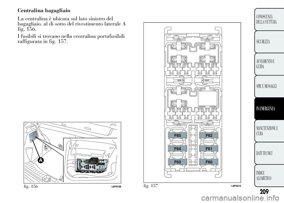 Lancia Ypsilon 2015  Libretto Uso Manutenzione (in Italian) fig. 157L0F0212
209
CONOSCENZA
DELLA VETTURA
SICUREZZA
AVVIAMENTO E
GUIDA
SPIE E MESSAGGI
IN EMERGENZA
MANUTENZIONE E
CURA
DATI TECNICI
INDICE
ALFABETICO
Centralina bagagliaio
La centralina è ubicata