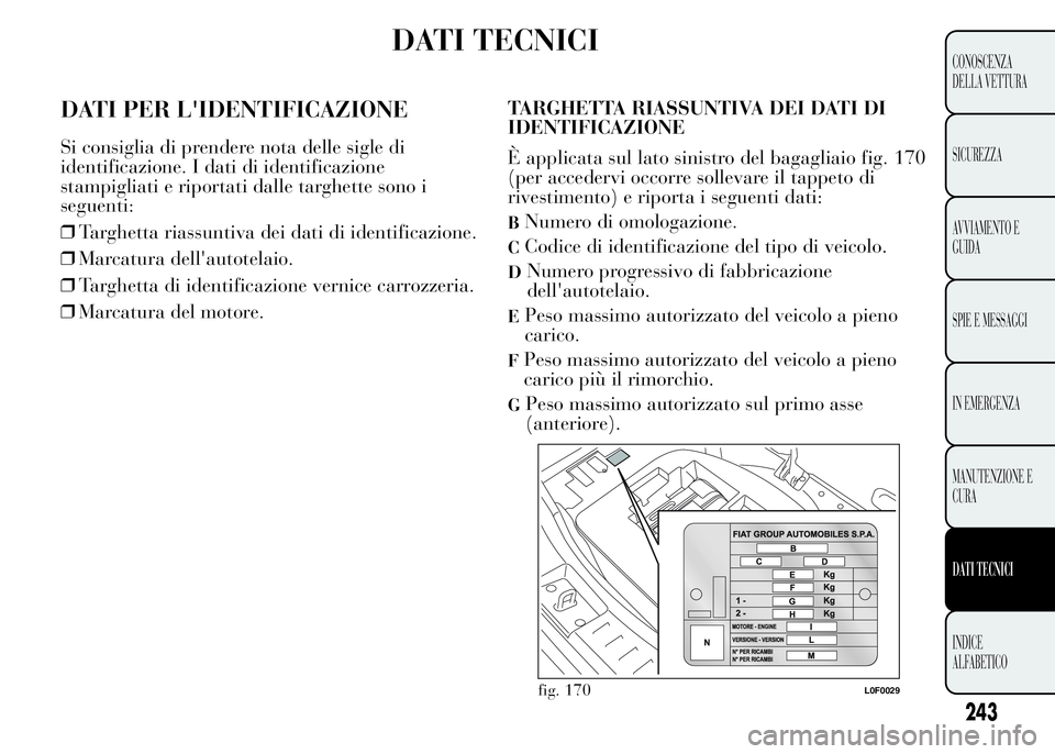 Lancia Ypsilon 2015 Libretto Uso Manutenzione (in Italian) DATI TECNICI
DATI PER L'IDENTIFICAZIONE
Si consiglia di prendere nota delle sigle di
identificazione. I dati di identificazione
stampigliati e riportati dalle targhette sono i
seguenti:
❒Targhet Lancia Ypsilon 2015 Libretto Uso Manutenzione (in Italian) DATI TECNICI
DATI PER L'IDENTIFICAZIONE
Si consiglia di prendere nota delle sigle di
identificazione. I dati di identificazione
stampigliati e riportati dalle targhette sono i
seguenti:
❒Targhet