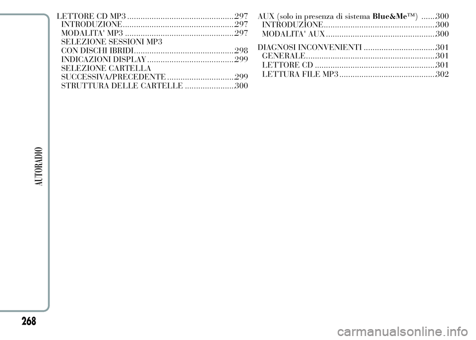 Lancia Ypsilon 2015 Libretto Uso Manutenzione (in Italian) LETTORE CD MP3 .................................................297
INTRODUZIONE...................................................297
MODALITA' MP3 ............................................... Lancia Ypsilon 2015 Libretto Uso Manutenzione (in Italian) LETTORE CD MP3 .................................................297
INTRODUZIONE...................................................297
MODALITA' MP3 ...............................................