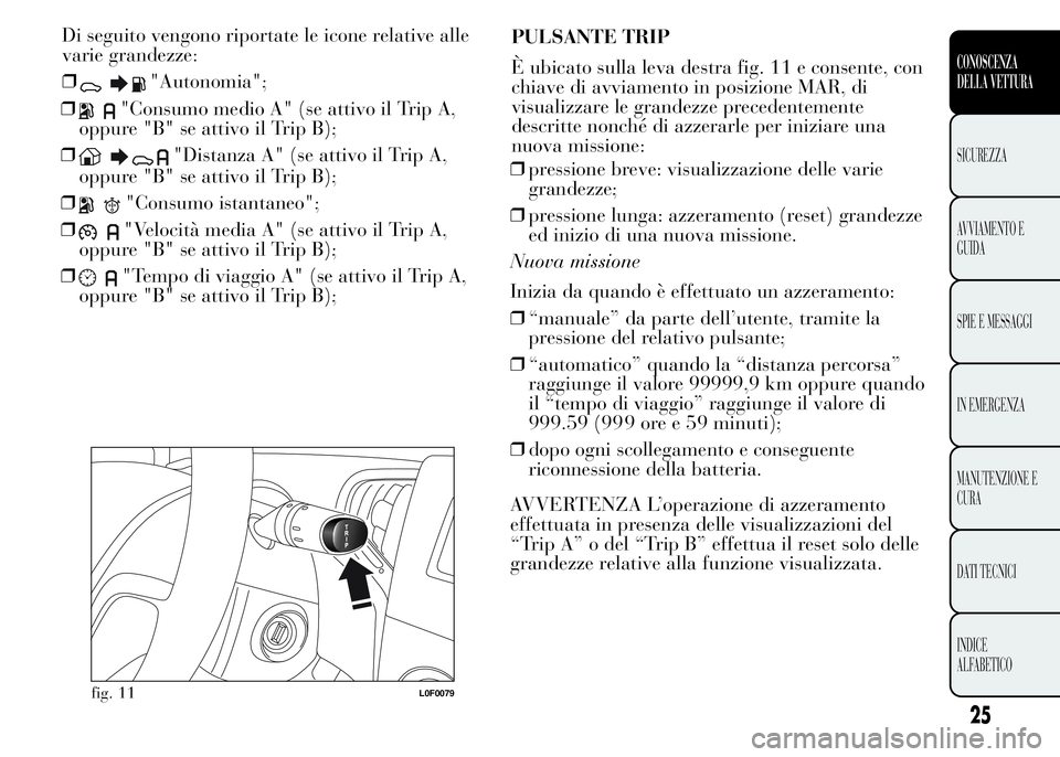 Lancia Ypsilon 2015 Libretto Uso Manutenzione (in Italian) ❒"Consumo medio A" (se attivo il Trip A,
oppure "B" se attivo il Trip B);
❒
"Distanza A" (se attivo il Trip A,
oppure "B" se attivo il Trip B);
❒
"Consumo ist Lancia Ypsilon 2015 Libretto Uso Manutenzione (in Italian) ❒"Consumo medio A" (se attivo il Trip A,
oppure "B" se attivo il Trip B);
❒
"Distanza A" (se attivo il Trip A,
oppure "B" se attivo il Trip B);
❒
"Consumo ist