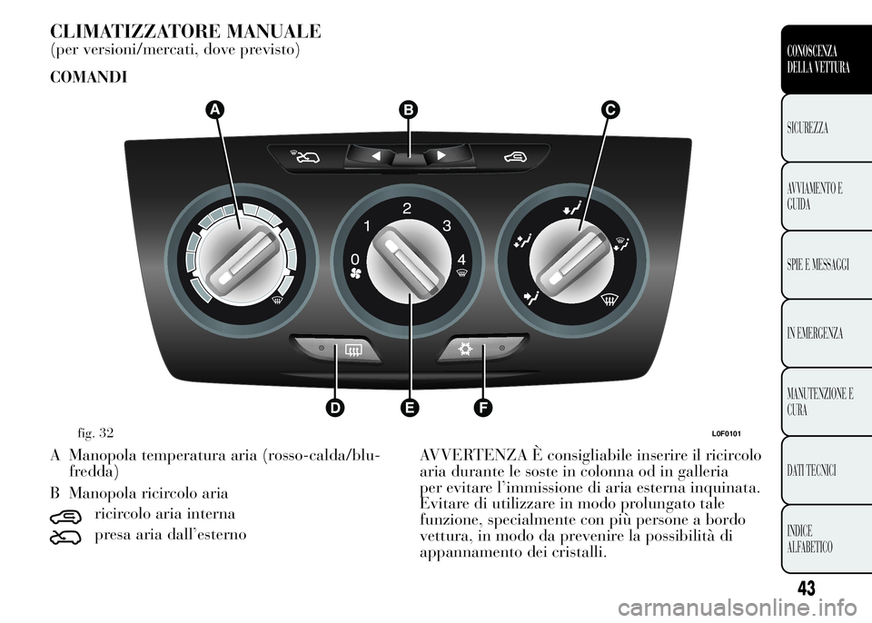 Lancia Ypsilon 2015 Libretto Uso Manutenzione (in Italian) CLIMATIZZATORE MANUALE
(per versioni/mercati, dove previsto)
COMANDI
A Manopola temperatura aria (rosso-calda/blu-
fredda)
B Manopola ricircolo aria
ricircolo aria interna
presa aria dall’esternoAVV Lancia Ypsilon 2015 Libretto Uso Manutenzione (in Italian) CLIMATIZZATORE MANUALE
(per versioni/mercati, dove previsto)
COMANDI
A Manopola temperatura aria (rosso-calda/blu-
fredda)
B Manopola ricircolo aria
ricircolo aria interna
presa aria dall’esternoAVV