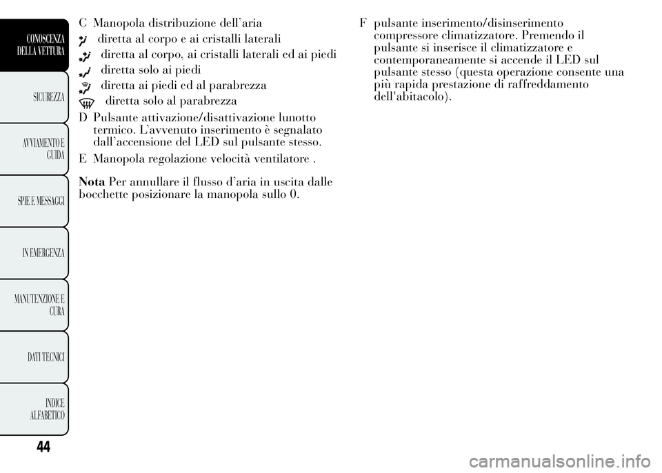 Lancia Ypsilon 2015 Libretto Uso Manutenzione (in Italian) C Manopola distribuzione dell’aria
diretta al corpo e ai cristalli laterali
diretta al corpo, ai cristalli laterali ed ai piedi
diretta solo ai piedi
diretta ai piedi ed al parabrezza
diretta solo a Lancia Ypsilon 2015 Libretto Uso Manutenzione (in Italian) C Manopola distribuzione dell’aria
diretta al corpo e ai cristalli laterali
diretta al corpo, ai cristalli laterali ed ai piedi
diretta solo ai piedi
diretta ai piedi ed al parabrezza
diretta solo a