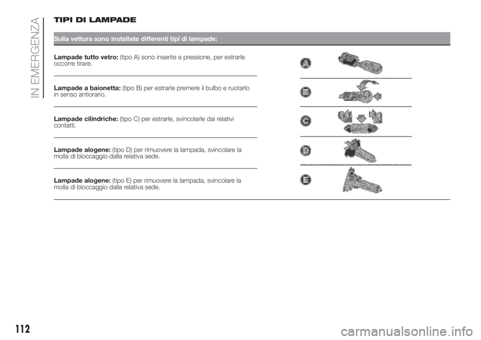 Lancia Ypsilon 2019 Libretto Uso Manutenzione (in Italian) TIPI DI LAMPADE
Sulla vettura sono installate differenti tipi di lampade:
Lampade tutto vetro:(tipo A) sono inserite a pressione, per estrarle
occorre tirare.
Lampade a baionetta:(tipo B) per estrarle Lancia Ypsilon 2019 Libretto Uso Manutenzione (in Italian) TIPI DI LAMPADE
Sulla vettura sono installate differenti tipi di lampade:
Lampade tutto vetro:(tipo A) sono inserite a pressione, per estrarle
occorre tirare.
Lampade a baionetta:(tipo B) per estrarle