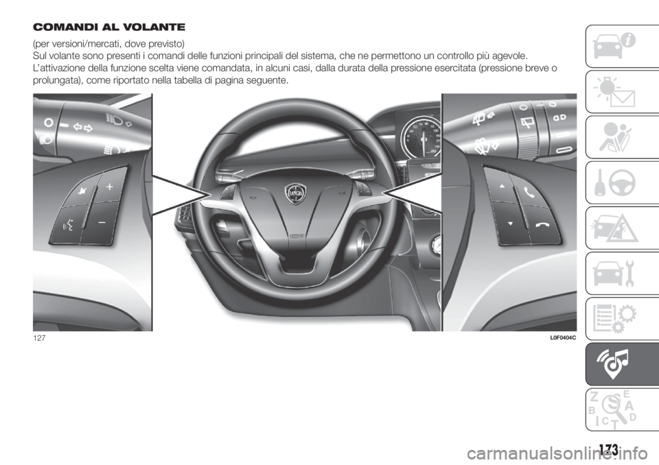 Lancia Ypsilon 2019  Libretto Uso Manutenzione (in Italian) COMANDI AL VOLANTE
(per versioni/mercati, dove previsto)
Sul volante sono presenti i comandi delle funzioni principali del sistema, che ne permettono un controllo più agevole.
L’attivazione della f