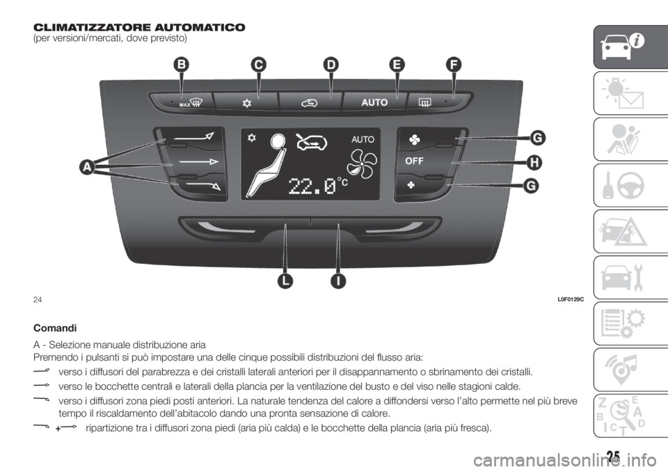 Lancia Ypsilon 2019  Libretto Uso Manutenzione (in Italian) CLIMATIZZATORE AUTOMATICO
(per versioni/mercati, dove previsto)
.
Comandi
A - Selezione manuale distribuzione aria
Premendo i pulsanti si può impostare una delle cinque possibili distribuzioni del fl