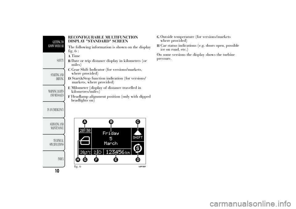 Lancia Ypsilon 2012  Owner handbook (in English) RECONFIGURABLE MULTIFUNCTION
DISPLAY "STANDARD" SCREEN
The following information is shown on the display
fig. 6 :ATimeBDate or trip distance display in kilometres (or
miles)CGear Shift Indicat