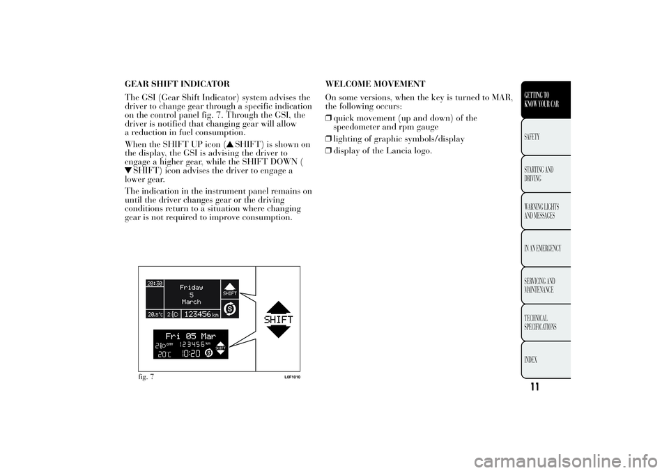 Lancia Ypsilon 2012  Owner handbook (in English) GEAR SHIFT INDICATOR
The GSI (Gear Shift Indicator) system advises the
driver to change gear through a specific indication
on the control panel fig. 7. Through the GSI, the
driver is notified that cha