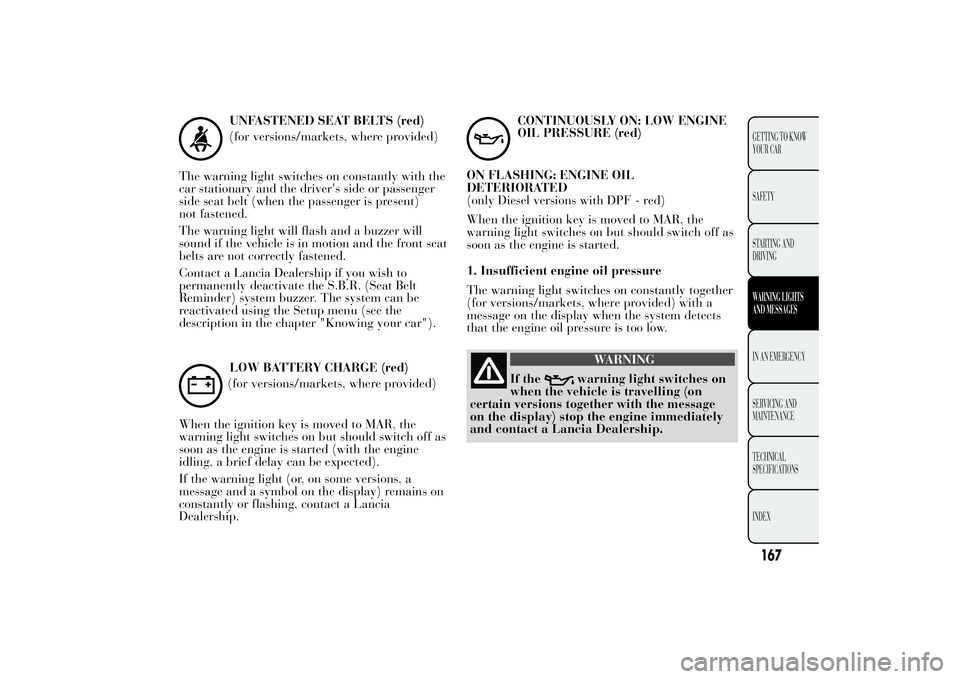 Lancia Ypsilon 2013  Owner handbook (in English) UNFASTENED SEAT BELTS (red)
(for versions/markets, where provided)
The warning light switches on constantly with the
car stationary and the driver's side or passenger
side seat belt (when the pass
