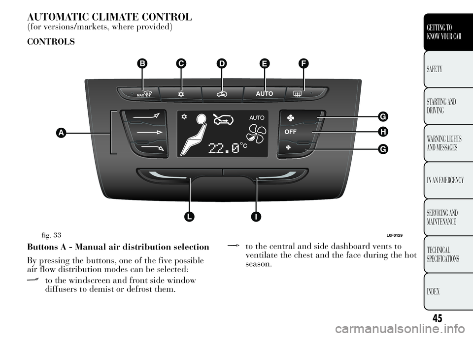 Lancia Ypsilon 2015  Owner handbook (in English) AUTOMATIC CLIMATE CONTROL
(for versions/markets, where provided)
CONTROLS
Buttons A - Manual air distribution selection
By pressing the buttons, one of the five possible
air flow distribution modes ca
