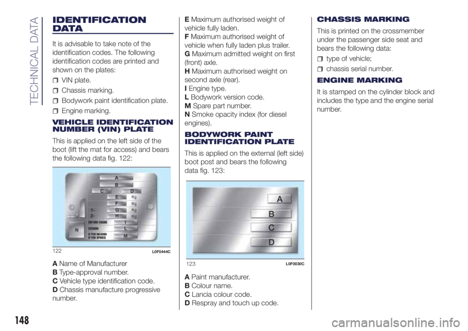 Lancia Ypsilon 2020  Owner handbook (in English) IDENTIFICATION
DATA
It is advisable to take note of the
identification codes. The following
identification codes are printed and
shown on the plates:
VIN plate.
Chassis marking.
Bodywork paint identif