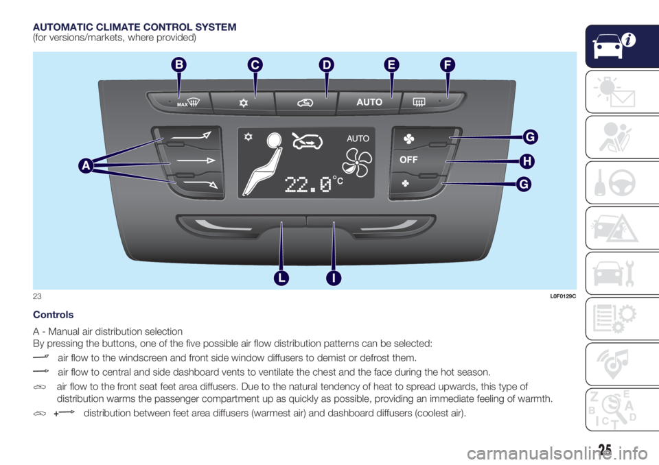 Lancia Ypsilon 2018  Owner handbook (in English) AUTOMATIC CLIMATE CONTROL SYSTEM
(for versions/markets, where provided)
Controls
A - Manual air distribution selection
By pressing the buttons, one of the five possible air flow distribution patterns 