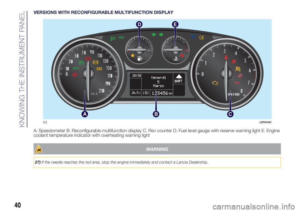 Lancia Ypsilon 2016  Owner handbook (in English) VERSIONS WITH RECONFIGURABLE MULTIFUNCTION DISPLAY
A. Speedometer B. Reconfigurable multifunction display C. Rev counter D. Fuel level gauge with reserve warning light E. Engine
coolant temperature in